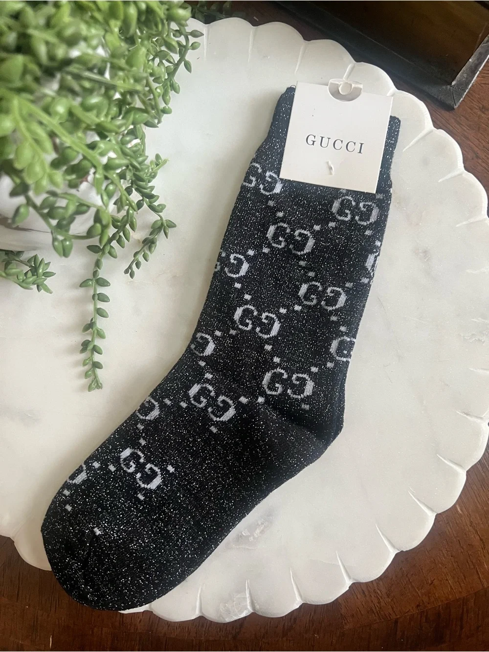 Gucci Black and Silver GG Logo Sparkle Crew Socks